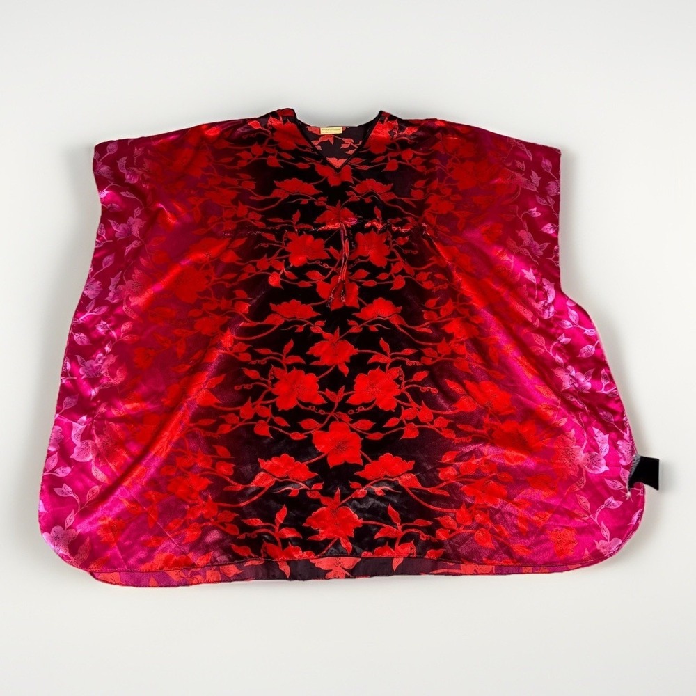 Bobbie Brooks Kaftan Lounger Women OS Red Black Floral Satin Sleepwear Vintage